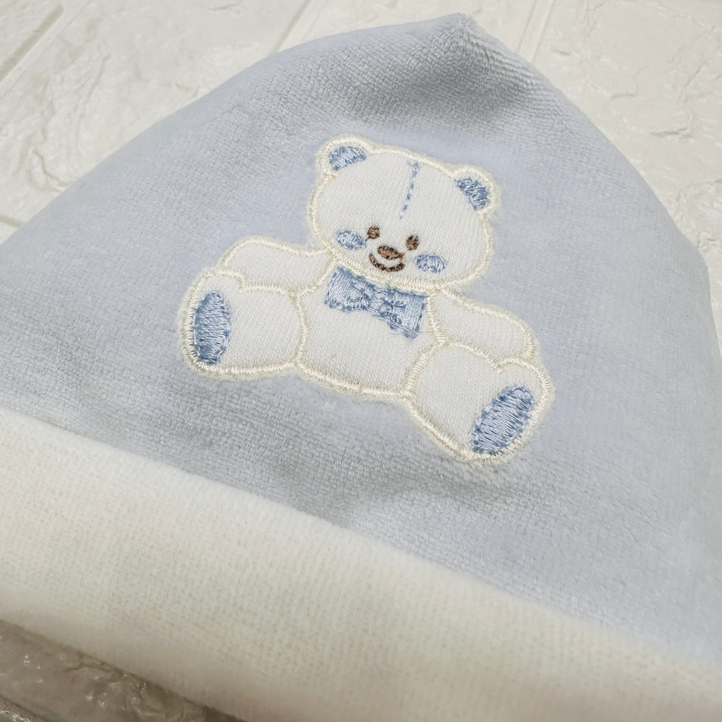 Cappello e babbucce ciniglia orso fiocco celeste