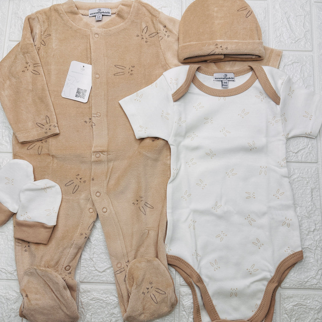Set 4 pezzi neonato in Ciniglia beige