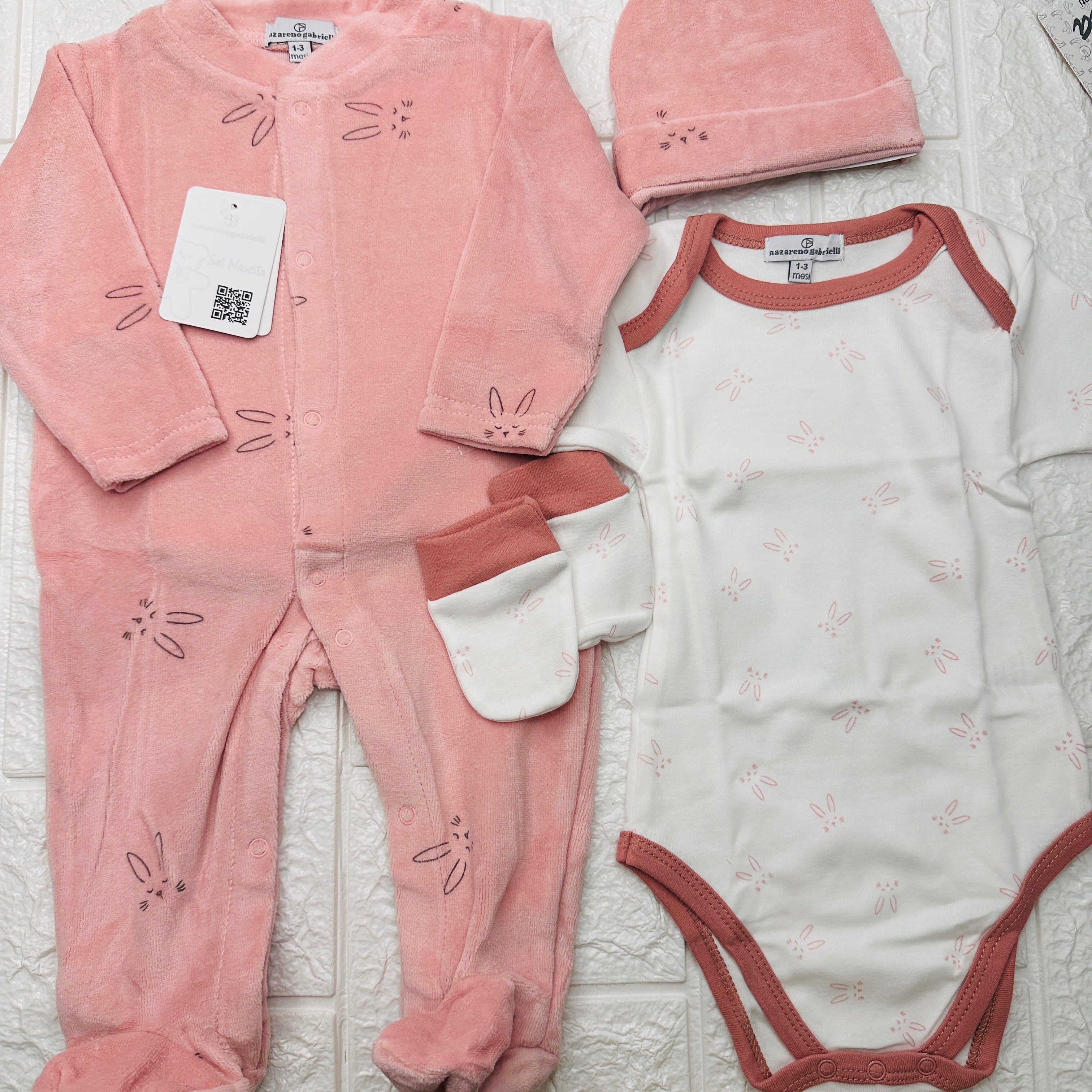 Set 4 pezzi neonato in Ciniglia rosa