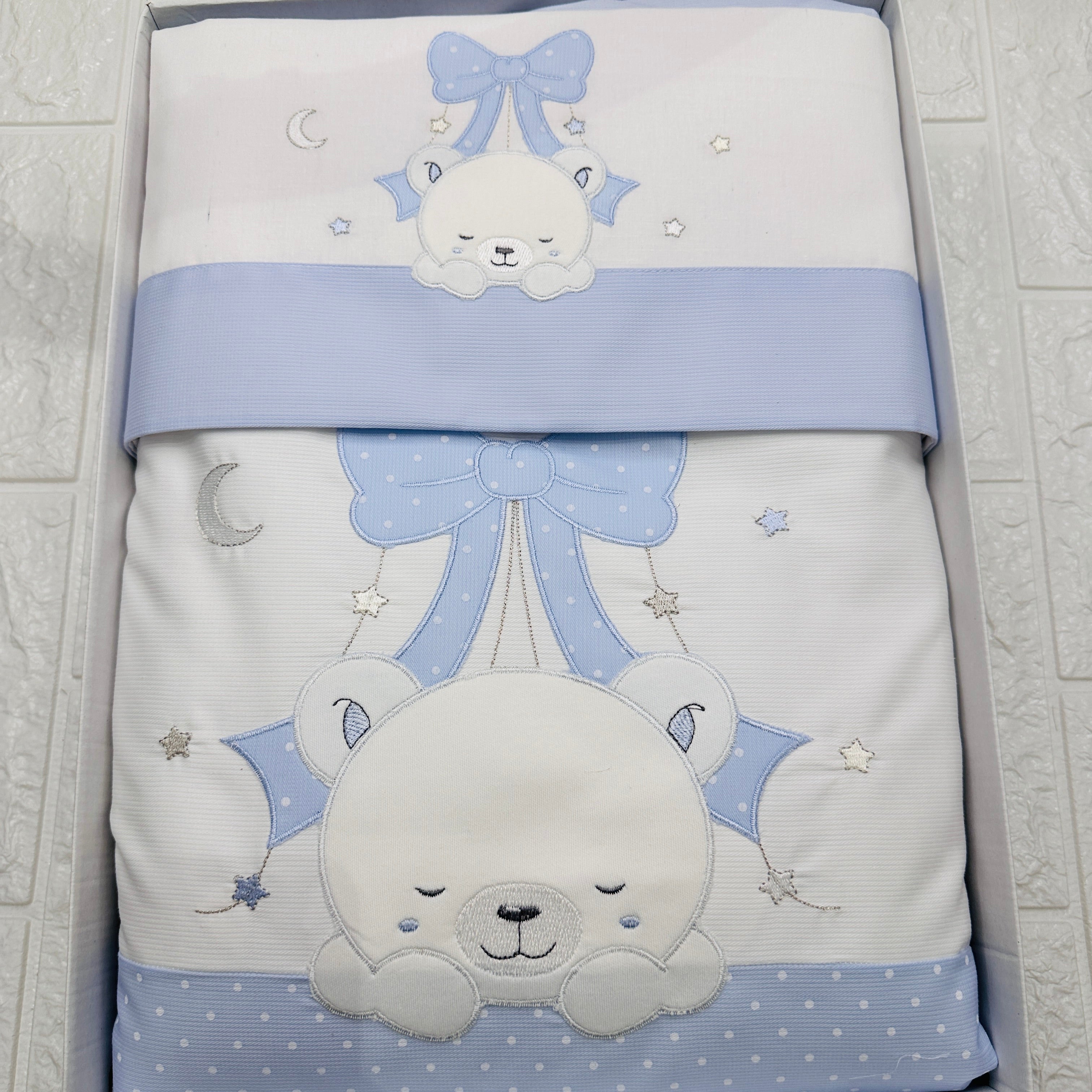 Set completo carrozzina orso fiocco celeste