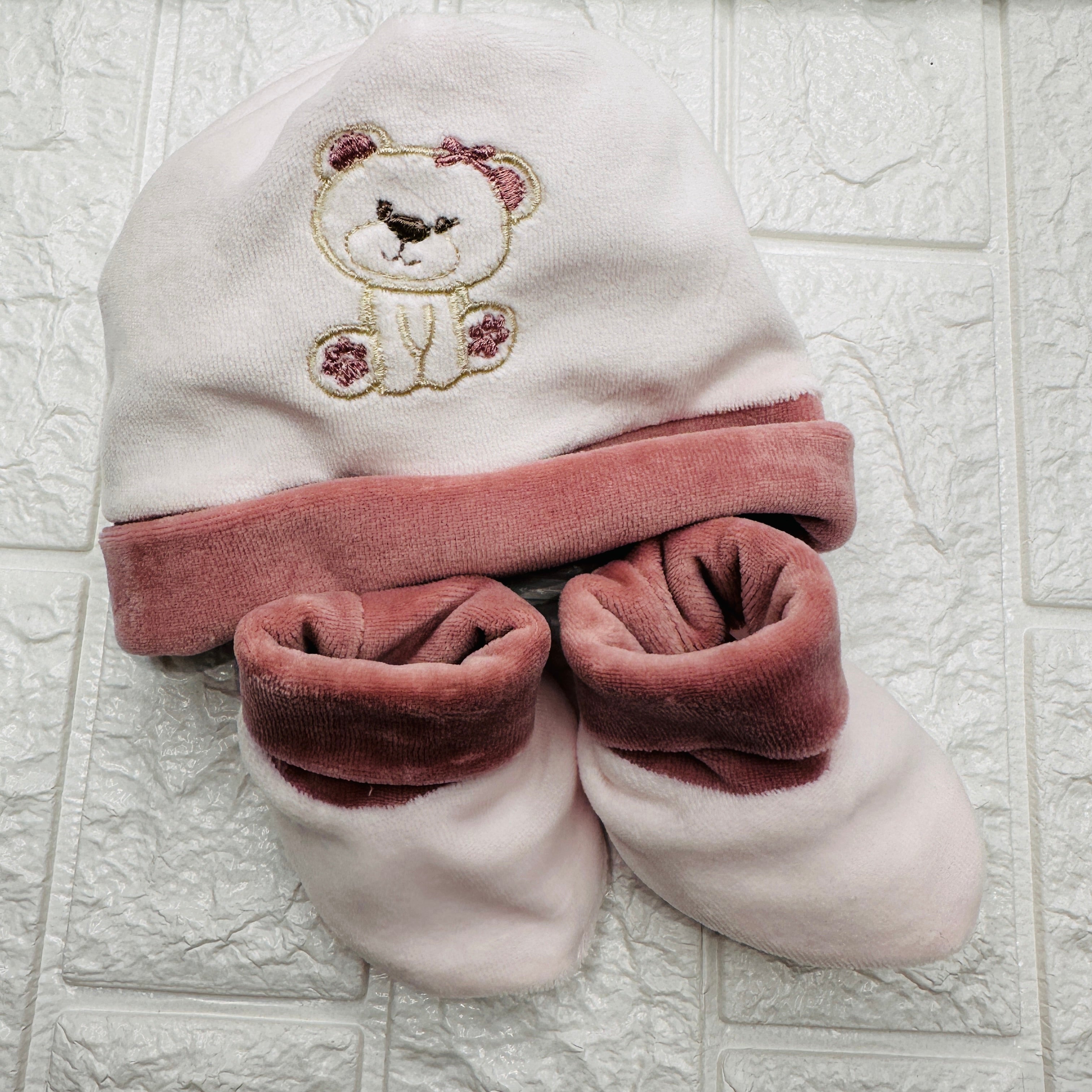 Cappello e Babbucce Ciniglia Orsetta Rosa